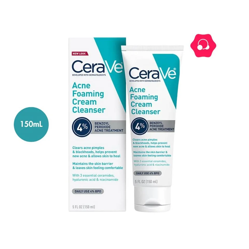 CeraVe Acne Foaming Cream Cleanser with 4% Benzoyl Peroxide Acne Treatment (150mL)